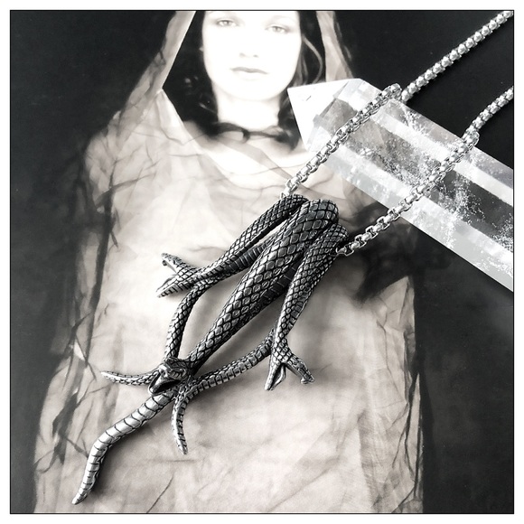 Triple Headed Serpent Snake Pendant Necklace Unisex - Picture 2 of 5